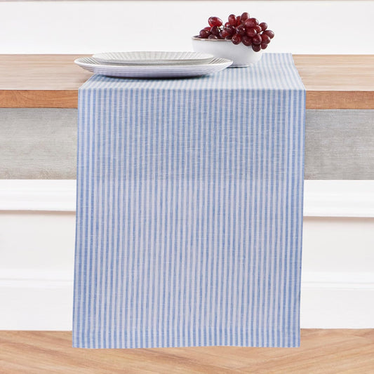 Solino Home Linen Table Runner 90 Inches Long - Narrow Stripe, 100% Pure Linen Cornflower Blue and White Farmhouse Table Runner 14 x 90 Inch for Dining