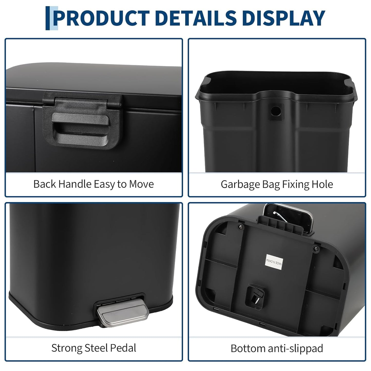 Garvee 3.2 Gallon Trash Can for Kitchen, Stainless Steel Step Trash Can with Soft-Close Lid & Removable Inner Bucket, Rectangular Garbage Can for Office Bathroom Living Room, Black