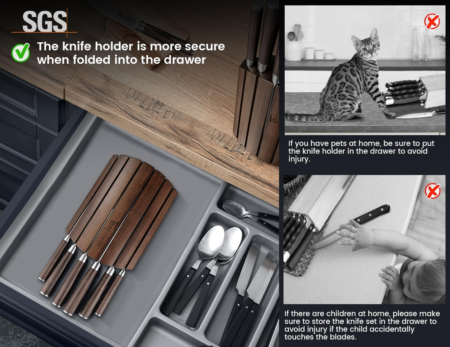 Knife Set 7 Piece Japanese Style Kitchen Knife Set With Foldable Magnetic Acacia Wood Block Sharp High Carbon Stainless Steel Knives Set for Kitchen with Anti-slip Ergonomic Handle, Ideal Gift