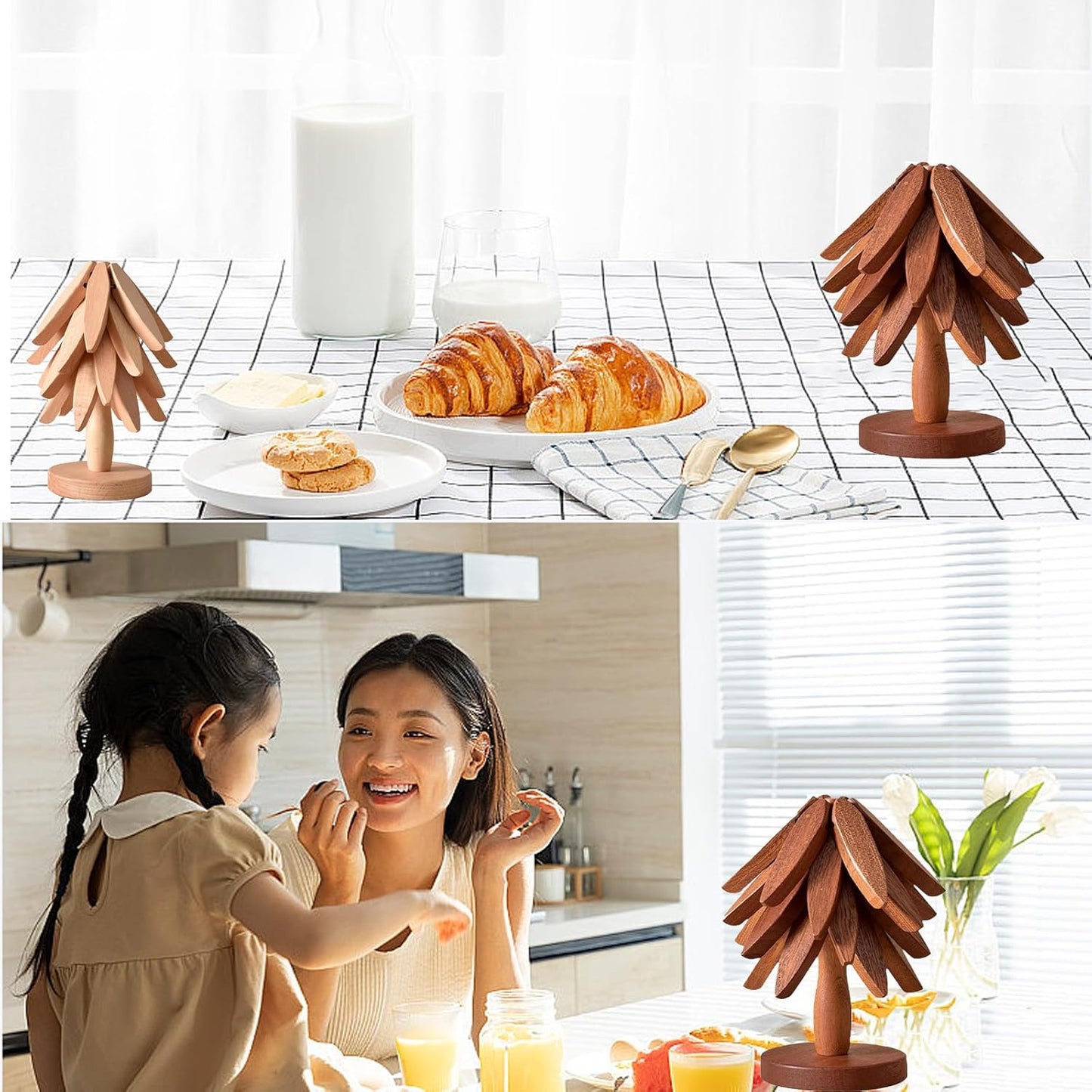Wooden Tree Coasters with Holder,4 Wooden Trivets+1 Stand stored+1 Kitchen Cleaning Sponges+1 Oven Gloves Silicone Heat for Hot Dishes Decorative Christmas Tree Shape (Walnut Color-4 Layers)