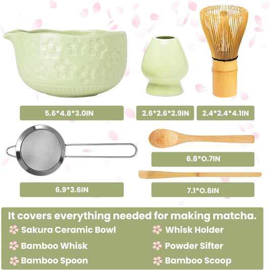 Matcha Whisk Set, Sakura Green Ceramic Matcha Set Includes Matcha Bowl, Matcha Whisk (Chasen) and Holder, Sifter, Bamboo Scoop & Spoon - 6 Pcs Matcha Kit for Matcha Lovers