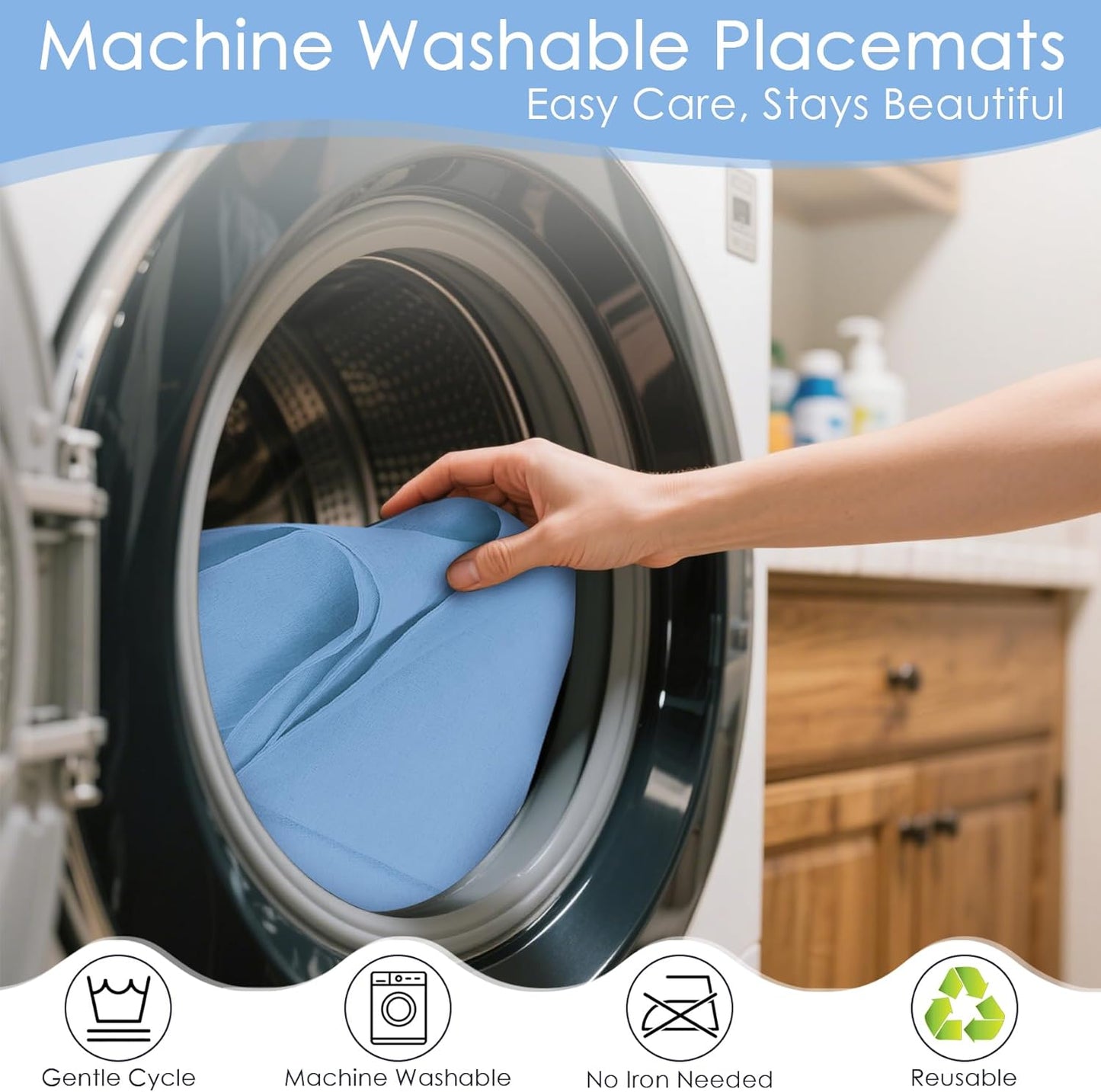 MANSPHIL Light Blue Placemats Set of 6 Double Layer Thick Fabric Table Mats Faux Linen Place Mats Heat Resistant Washable Wrinkle Free Dining Kitchen Table Decor, 13x19 Inch Oeko Tex Placemat