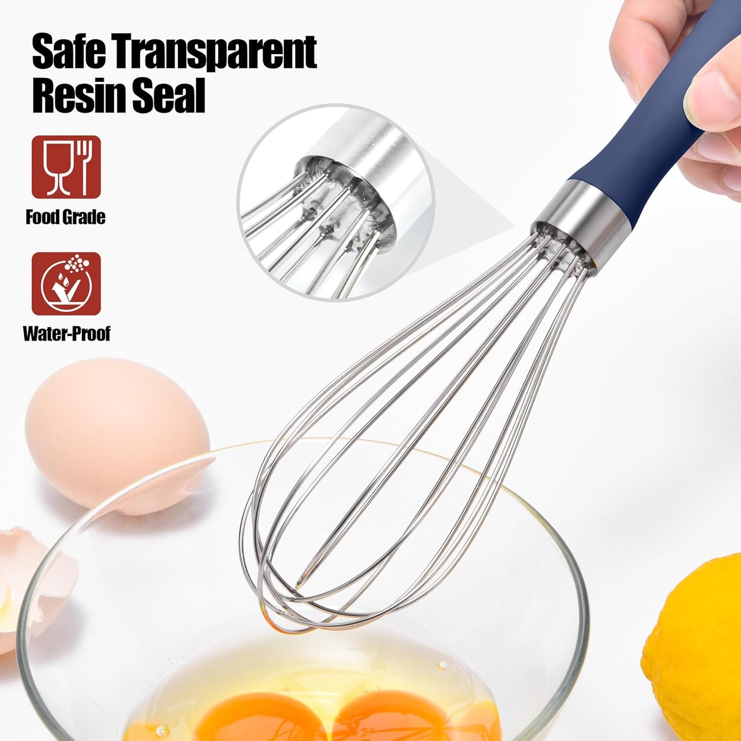 18/8 Stainless Steel Balloon Whisk, Doosu Kitchen Whisk for Cooking Handheld Egg Beater with Rust-Proof Sturdy Wires & Non-Slip Silicone Handle for Beating, Stirring, Blending (6 Wires, Navy Blue)