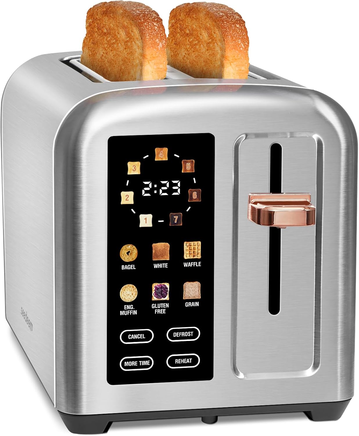 SEEDEEM Toaster 2 Slice, Touch Control Stainless Toaster LCD Display, 50% Faster Heating Speed, 1.4'' Wide Slots, More Timer Functions, Removable Crumb Tray, 1350W, Silver Metallic