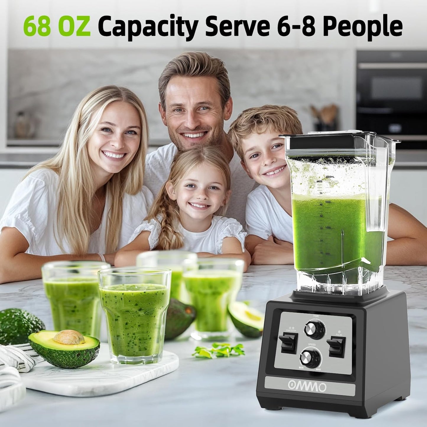 OMMO Blender for Smoothies: 1800W Peak Blenders for Kitchen, 68oz BPA-Free Pitcher, Timer & Speed Control, 6 Stainless Steel Blades, Dishwasher Safe Blender for Ice Crush/Smoothies/Frozen Drinks/Grey