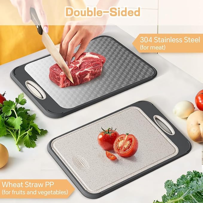 Stainless Steel Cutting Board, Double-Sided Chopping Boards Scratch Resistant Mesh Design, Stainless Steel & Wheat Straw PP Non Toxic Cutting board for Kitchen Meat Vegetables (Large, 16”x11”）