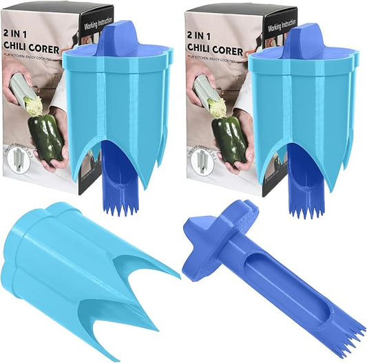 Pepper Corer, 2 in 1 Red Bell Pepper Seed Corer Remover Tool, Fruit & Vegetable Corers Quick Cave Tools for Jalapeno Cutter Deseeder, S-Blue, 2 PCS