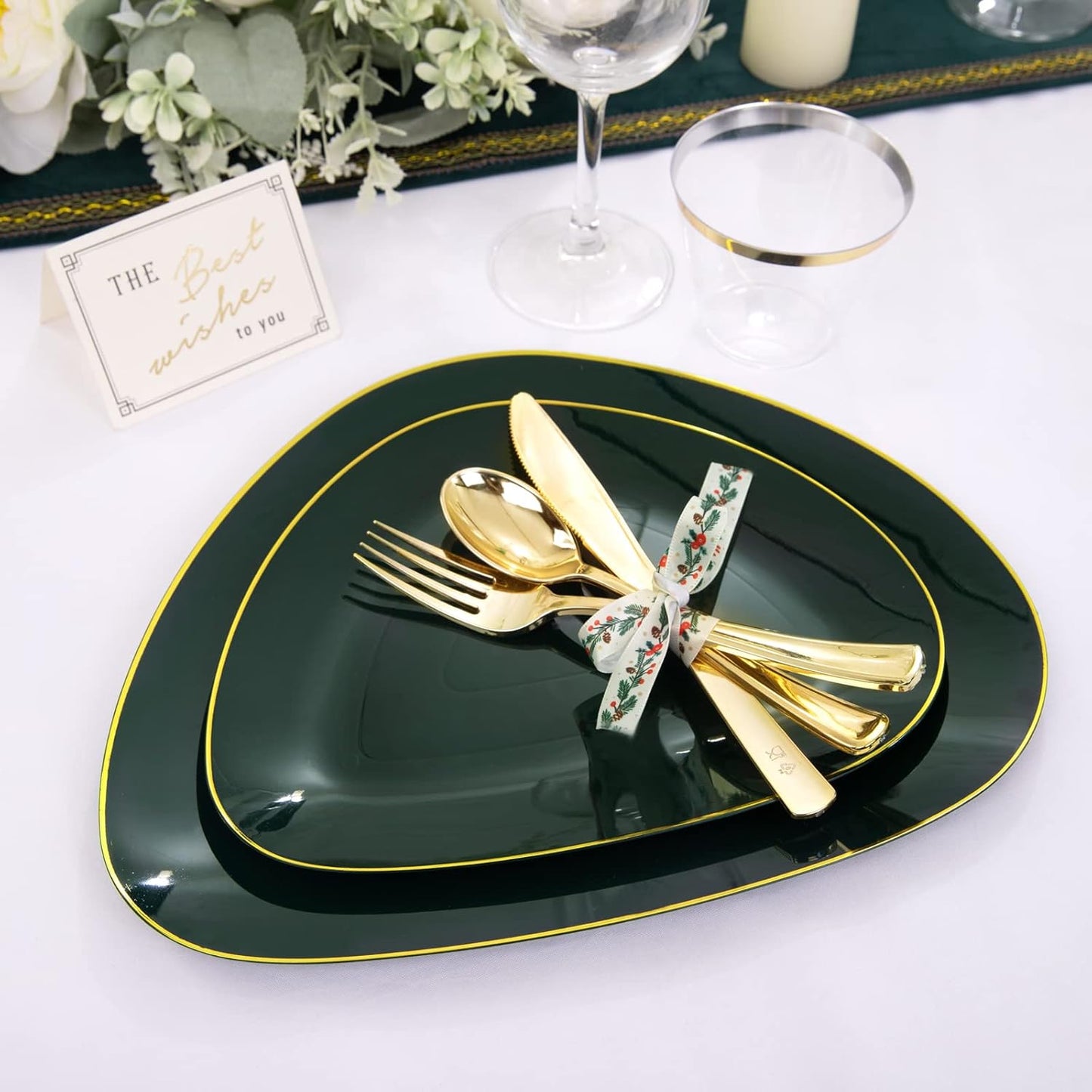 DaYammi 180Pcs Green Plastic Plates, Green Gold Disposable Plates with Gold Silverware Dinnerware Set Include: 30 Dinner Plate,30 Dessert Plate,90 Plastic Cutlery,30 Cups for Party or Holiday parties