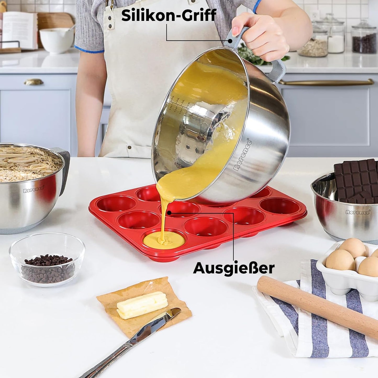 Rorence Mixing Bowls Set: Stainless Steel Non-Slip Bowls with Pour Spout, Handle and Lid - Set of 3 - Gray