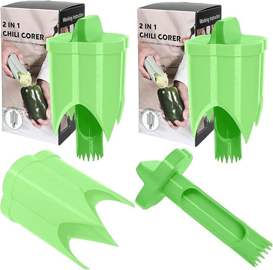 Pepper Corer, 2 in 1 Red Bell Pepper Seed Corer Remover Tool, Fruit & Vegetable Corers Quick Cave Tools for Jalapeno Cutter Deseeder, Bright Green, 2 PCS