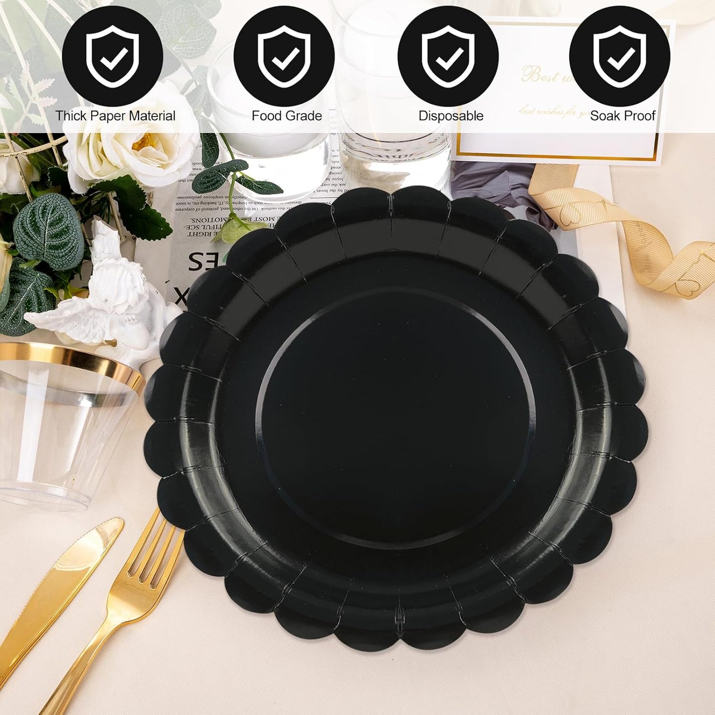 50Pcs Black Paper Plates-7 Inch Disposable Halloween Plates Scalloped Black Cute Dessert Dinner Plate Birthday Dinnerware Disposable Dinner Party Supplies for Halloween Wedding Table Decor