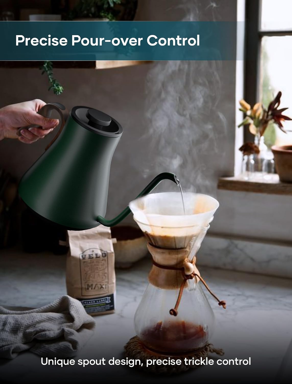 Electric Kettle, Gooseneck Electric Kettle, ±1℉ Precise Temperature Control, Stainless Steel Interior, Quick Heating for Pour Over Coffee, Tea & Boiling Water, 0.9L (Forest Green)