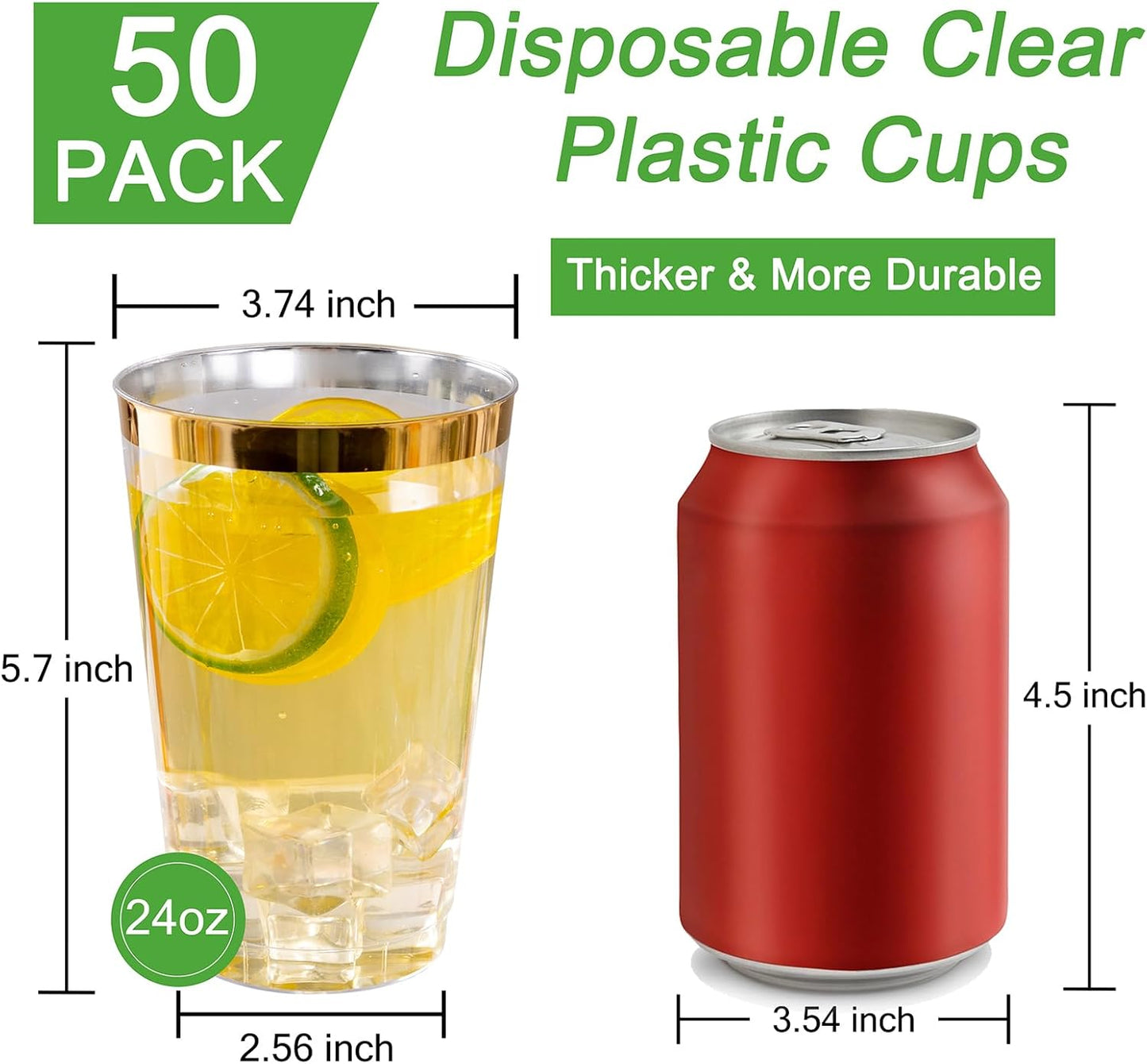 I00000 50 Pack 24 oz Gold Plastic Cups, Elegant Gold Rimmed Plastic Cups, Disposable Cocktail Glasses Wine Glasses, 24 oz Premium Tumblers Perfect for Birthday, Party & Wedding