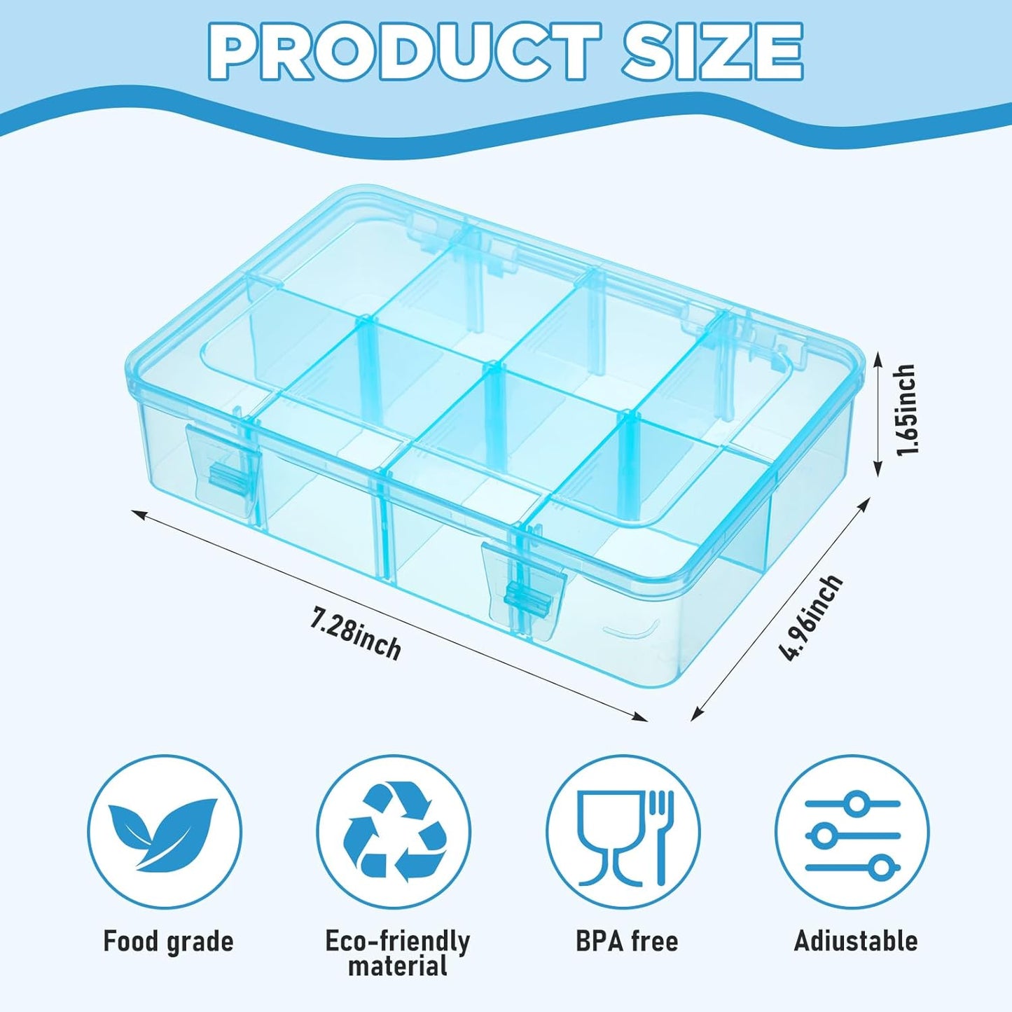 Thyle 1 Pcs Snack Box Container 8 Compartments Snack Containers Reusable Transparent Lunch Box Organizer Small Plastic Food Storage with Lids for Meal Prep School Work Travel (Blue)