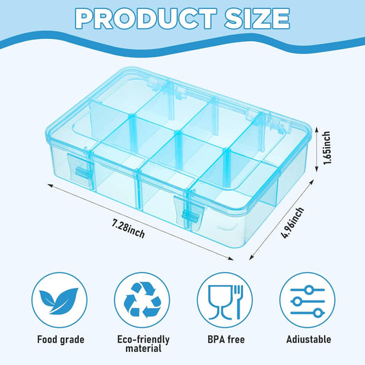 Thyle 1 Pcs Snack Box Container 8 Compartments Snack Containers Reusable Transparent Lunch Box Organizer Small Plastic Food Storage with Lids for Meal Prep School Work Travel (Blue)