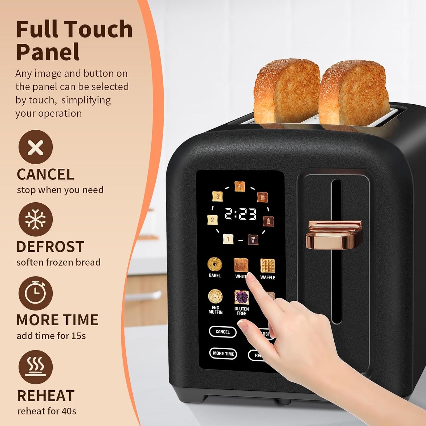 SEEDEEM Toaster 2 Slice, Touch Control Stainless Toaster LCD Display, 50% Faster Heating Speed, 1.4'' Wide Slots, More Timer Functions, Removable Crumb Tray, 1350W, Dark Chocolate