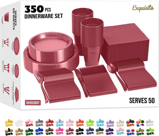 Party Solids 350 Pieces Burgundy Plastic Plates For Party, Burgundy Disposable Plates Set, 50 Of Each 9" Dinner Plate Set, 7" Dessert Plate, Cups, Napkins & Cutlery Plastic Dinnerware