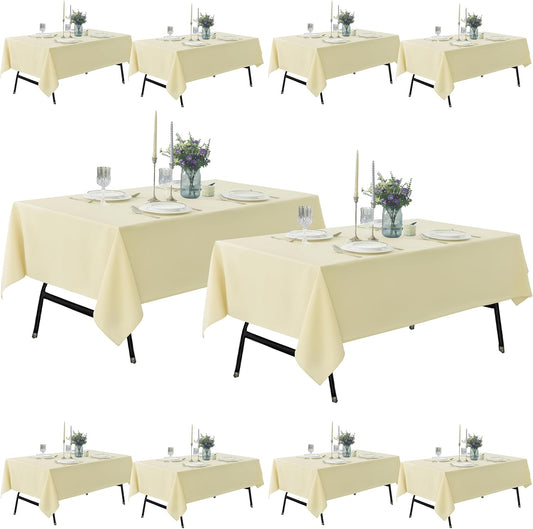 10-Pack 60x102 inch Beige Table Cloths, Solid Stain and Wrinkle Resistant Oblong Tablecloth, Premium Plain Weave Polyester Fabric Rectangle Table Linen Covers for Hotel, Wedding
