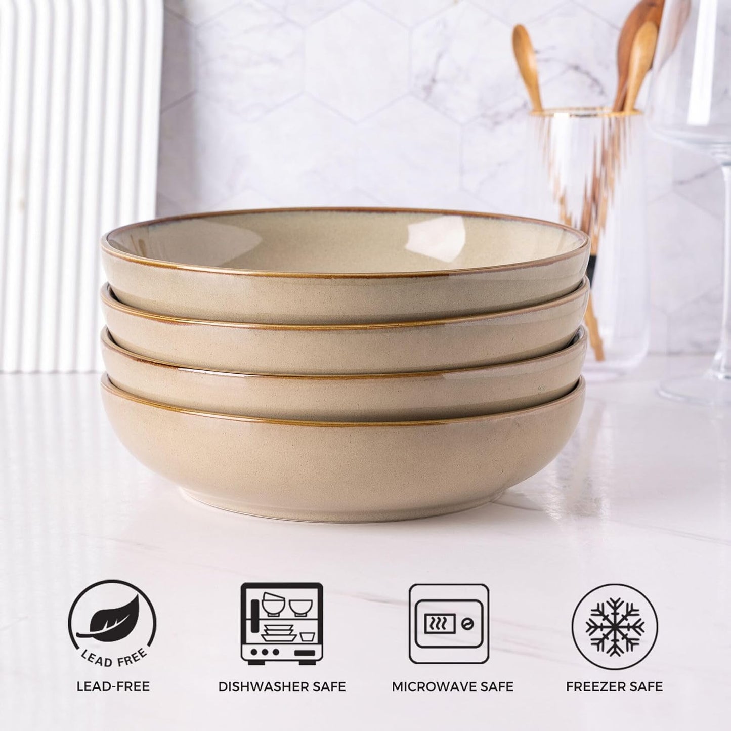 AmorArc 8.5'' Large Pasta Bowls, 36oz Ceramic Pasta Serving Bowls Set of 4 for Kitchen, Wide Bowls for Pasta,Salad,Oatmeal, Microwave Safe, Reactive Glaze-Latte