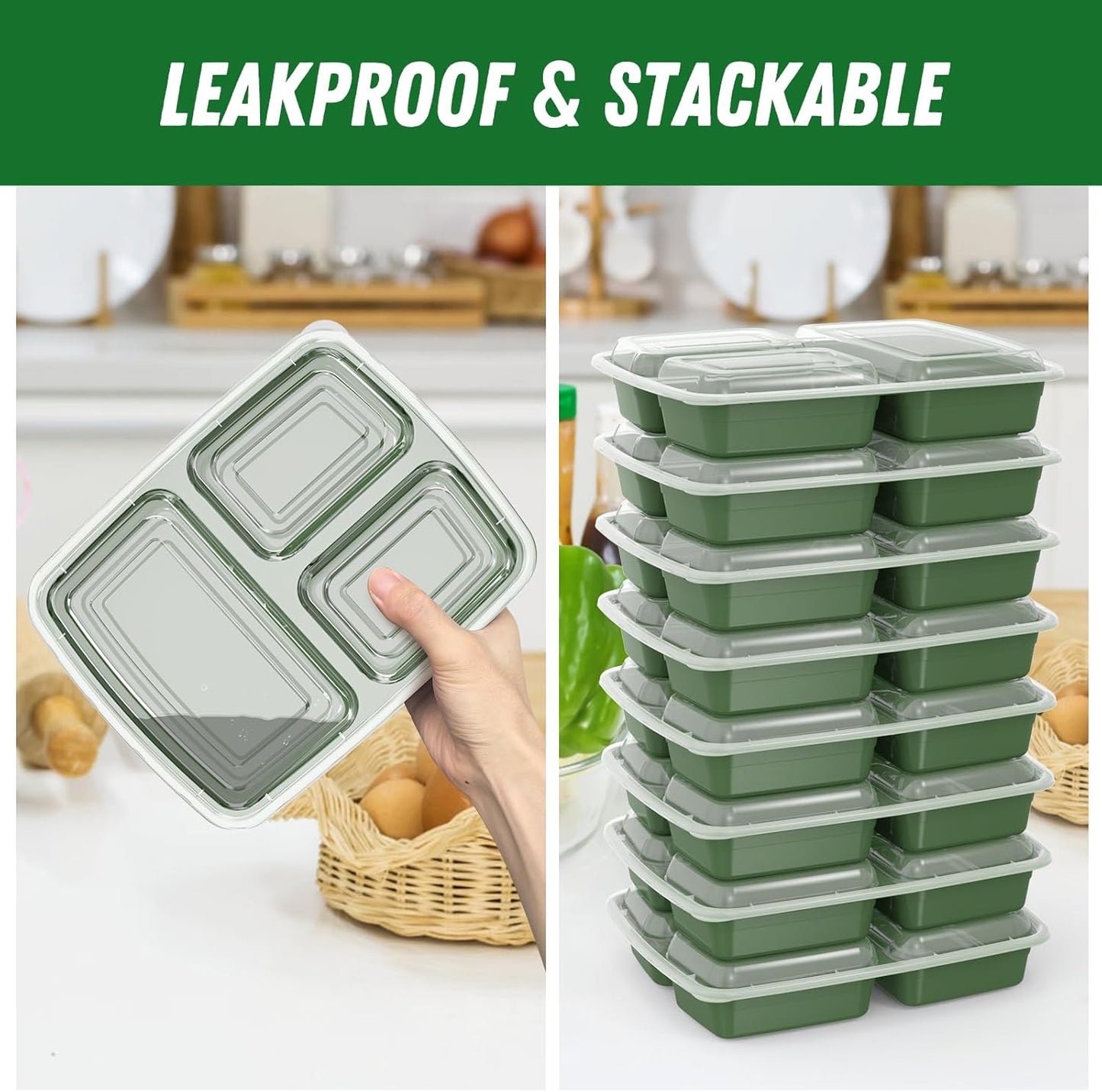 50 Pack (100-Piece) 32 oz Meal Prep Containers Reusable with Lids 3-Compartment, To Go Take Out Plastic Food Storage Containers, Sturdy Leakproof Food Safe, Microwave Freezer Dishwasher Safe, Green
