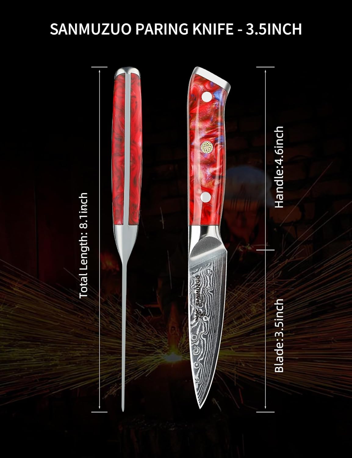 3.5 Inch Paring Knife - Kitchen Fruit Vegetable Knife Damascus Steel & Resin Handle - Xuan Series (Sunset Red)