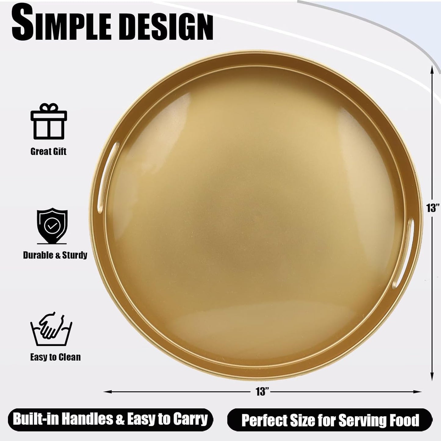 Gold Round Decorative Tray with Handles, 13" Elegant Coffee Table Serving Tray for Ottoman Living Room, Bathroom, Outdoors, Breakfast