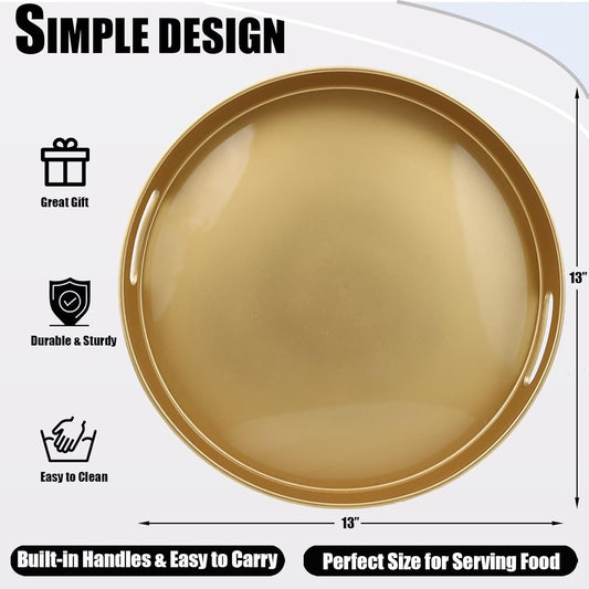 Gold Round Decorative Tray with Handles, 13" Elegant Coffee Table Serving Tray for Ottoman Living Room, Bathroom, Outdoors, Breakfast