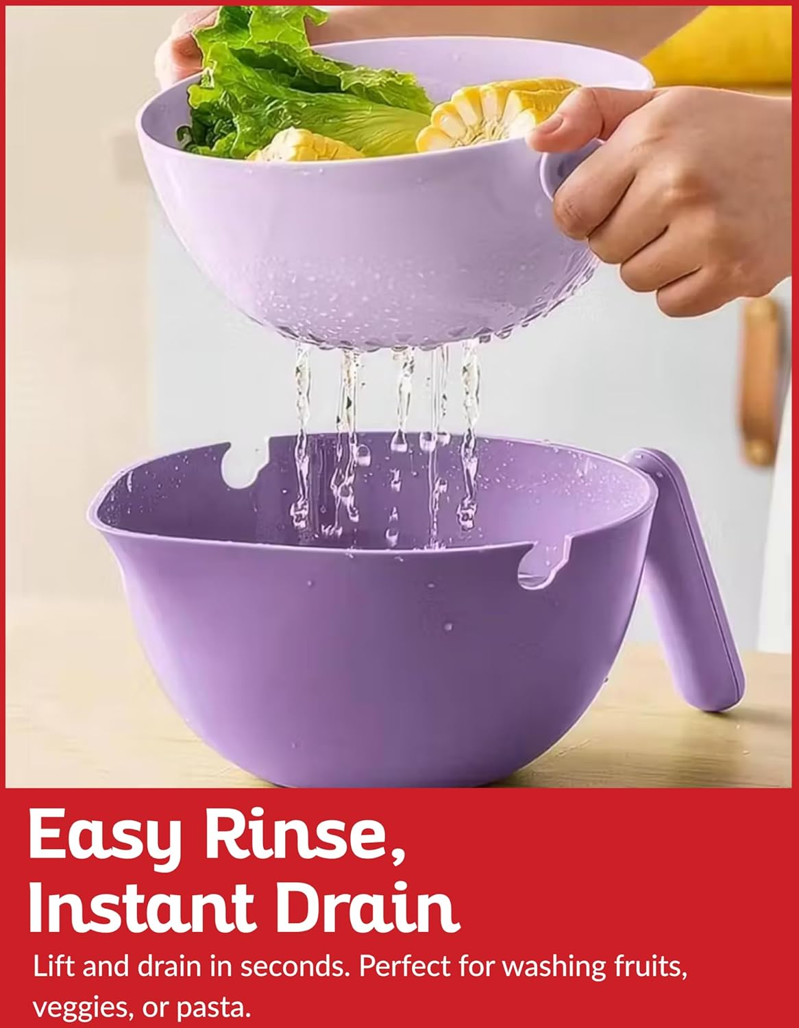 Multi Functional Draining Basket – Double Layer Colander & Bowl Set for Pasta, Fruits, Vegetables & Rice – Durable BPA-Free, Dishwasher Safe - Purple