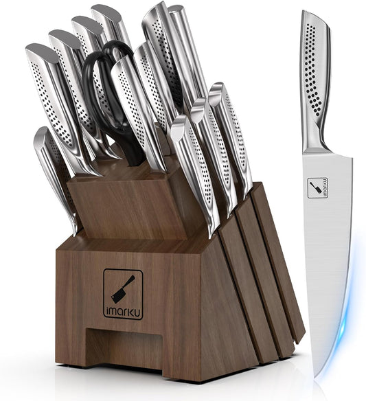 imarku Knife Set, 16PCS High Carbon Stainless Steel Kitchen Knife Sets with Block Ultra Sharp Knife Block Set, Japanese Knife Set with Dotted Non-slip Ergonomic Handle, Dark Brown, Best gifts
