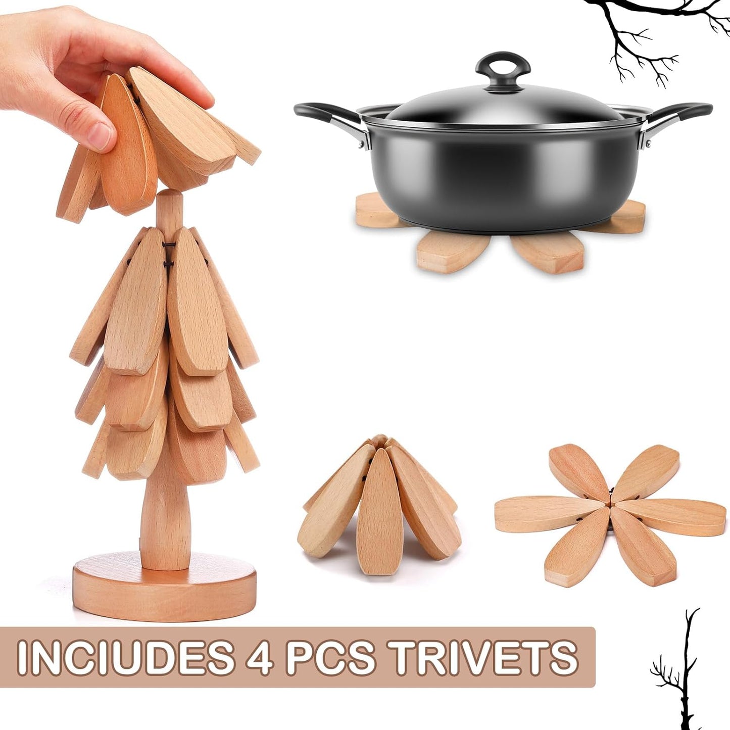 Wooden Tree Coaster Trivets Wood Trivets Set for Hot Dishes Set of 4 Christmas Tree Shape Foldable Wooden Coaster and 1 Stand Natural Trivet for Cups Plates Bowls Pots(Beech Color)