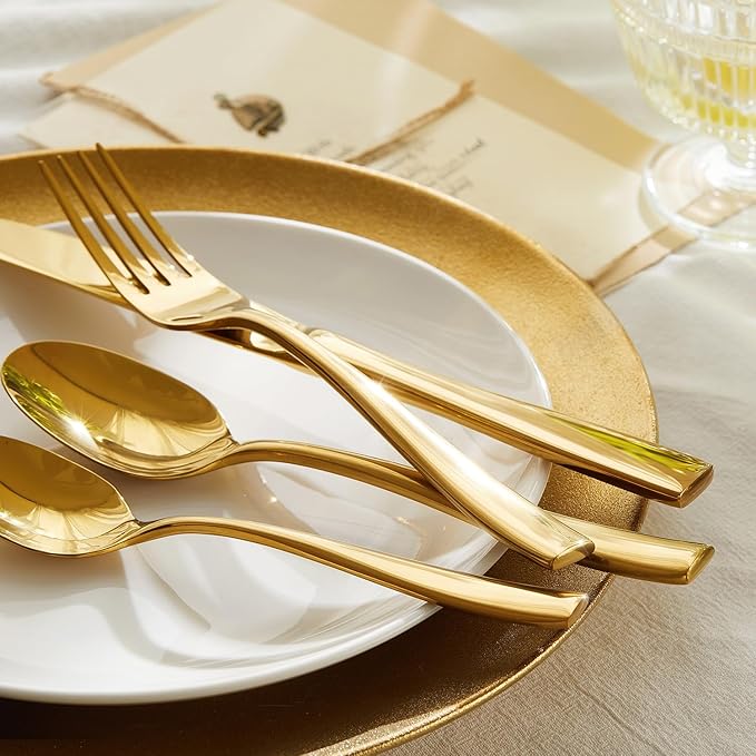 HIKAA Forged Silverware Set Stainless Steel Flatware Set,Service for 4,Matte Satin Polished Cutlery Set,Dishwasher Safe (Gold, 40PCS)