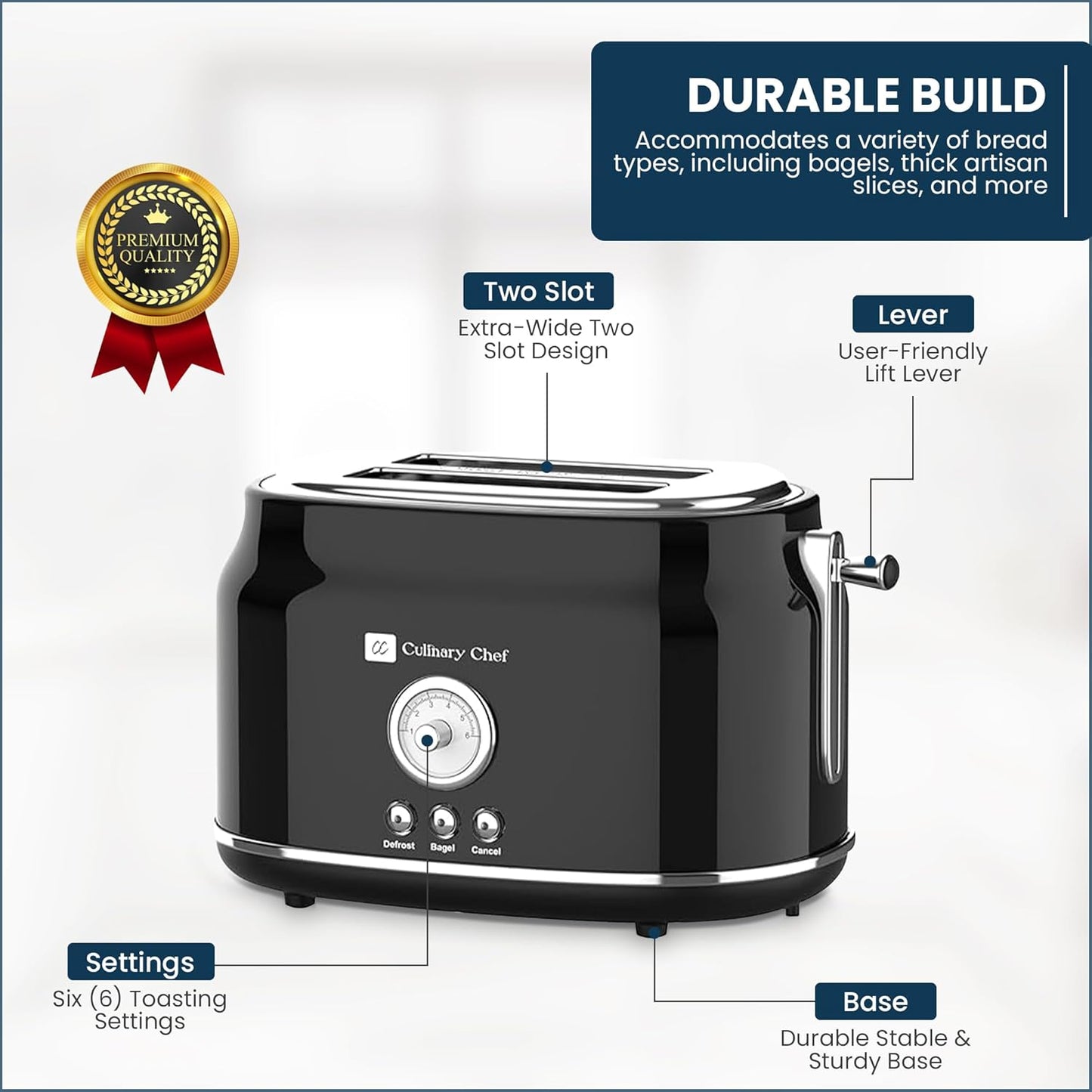 CULINARY CHEF, 2 Slice Toaster, Retro Style, Wide Slot for Bread, English Muffins, Croissants, and Bagels, 6 Adjustable Toast Settings, Cancel and Defrost, 900w, Black