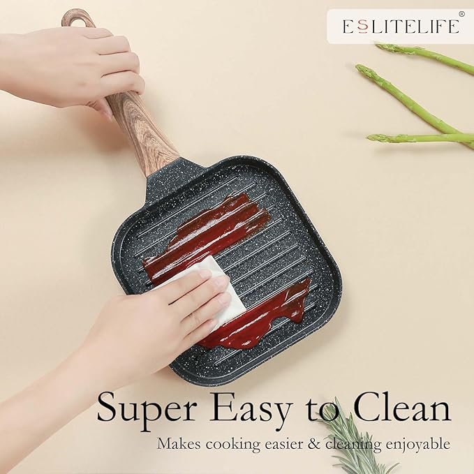ESLITE LIFE 7 Inch Nonstick Small Grill Pan for Indoor Cooking, Versatile Induction Square Grilling Skillet Steak Pan for Stove Tops, PTFE & PFOA Free, Black