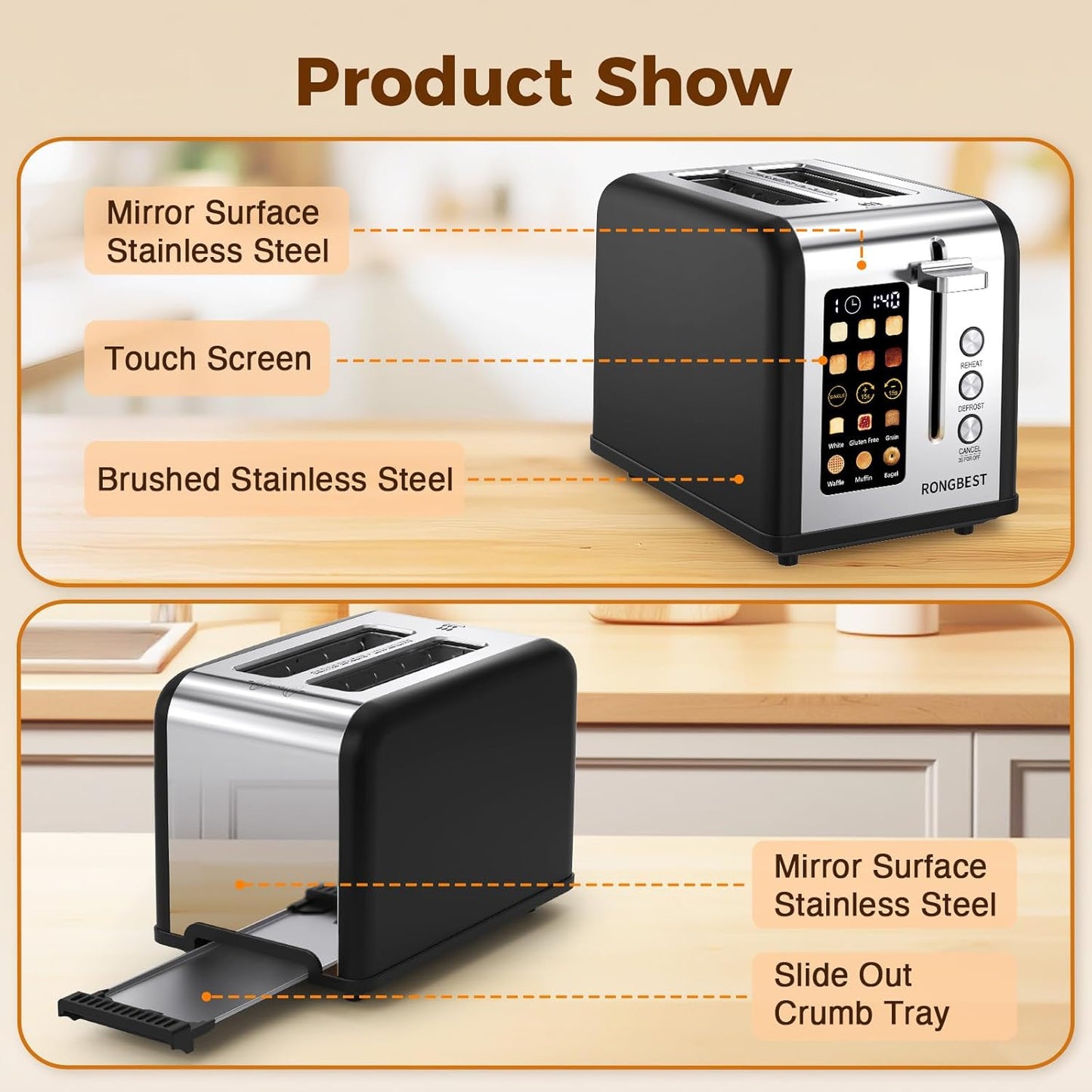2 Slice Touch Screen Toaster, Stainless Steel Toaster with Wide Slots for Bagels and Bread, Reheat/Defrost/Cancel Functions, Removable Crumb Tray, Matt Black