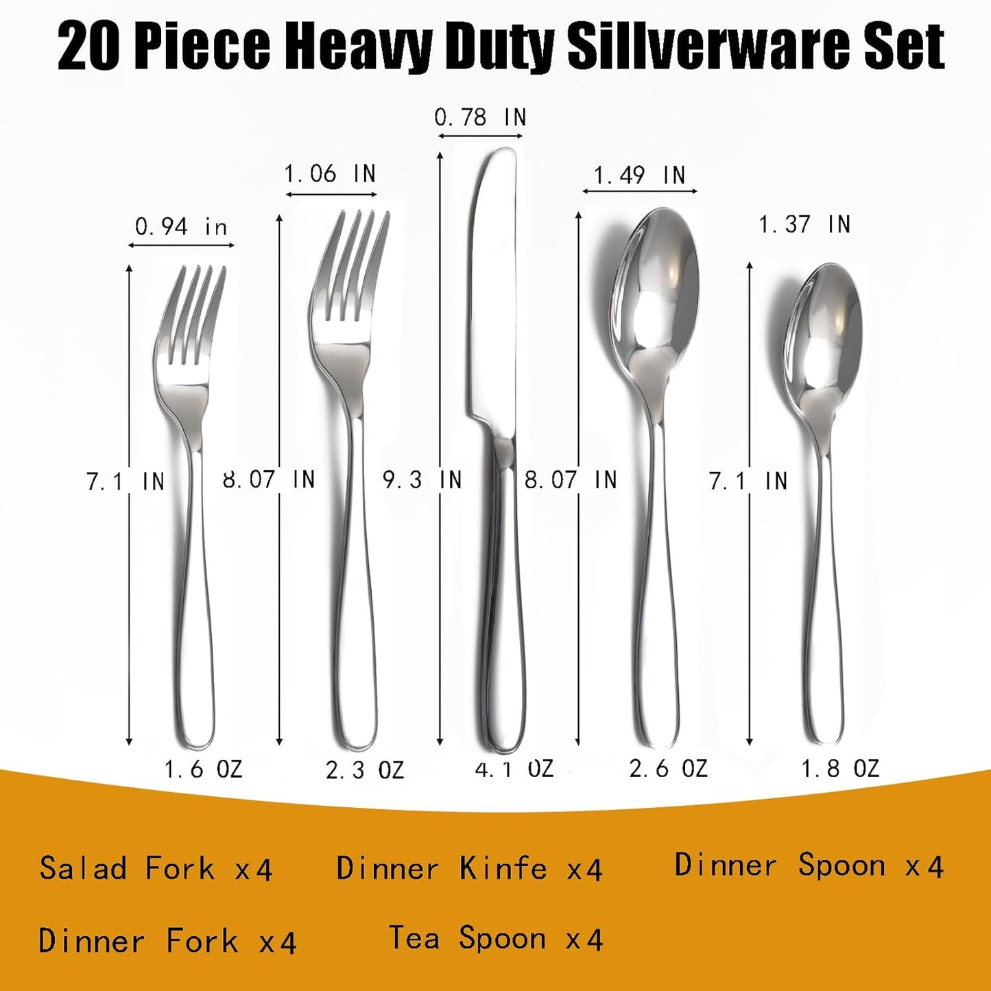 20-Piece Silverware Set, Flatware Set for 4, Food-Grade Stainless Steel Tableware Cutlery Set, Mirror Finished Utensil Sets for Home Restaurant, Forks Spoons and Knives Set, Dishwasher Safe