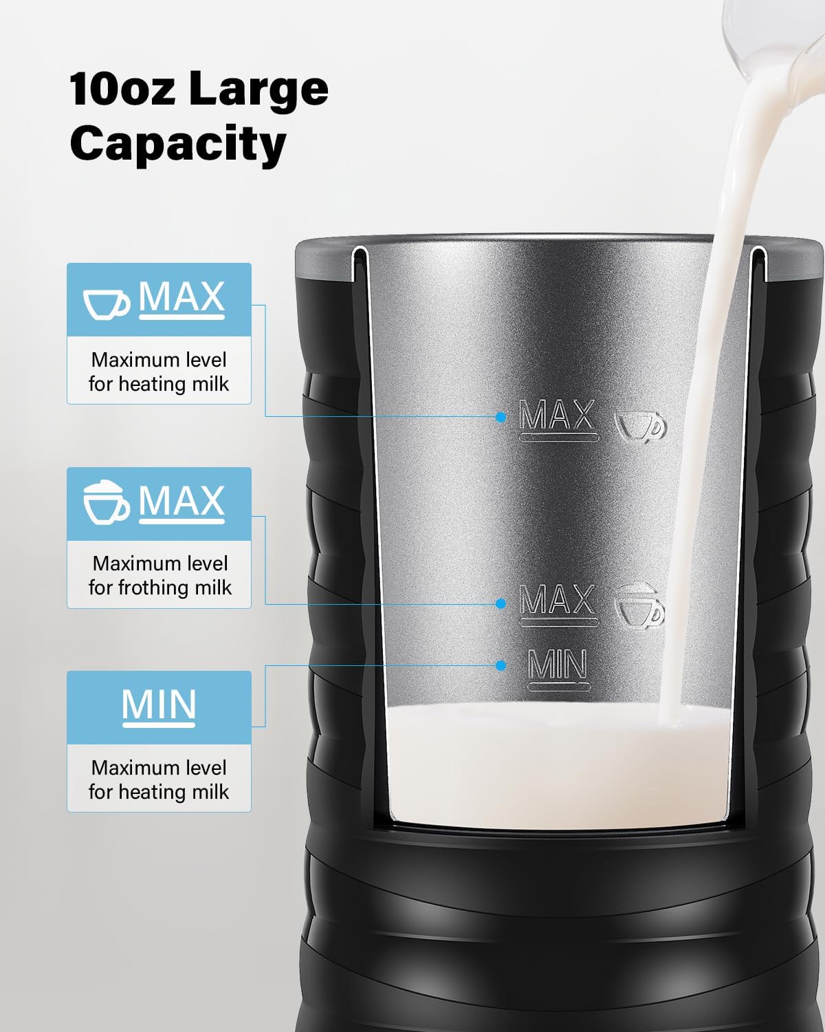 GDOR Milk Frother and Steamer, 4 in 1 Milk Steamer, 10oz Large Capacity, Cold Foam Maker, Hot Chocolate Maker, Frother for Coffee, Latte, Macchiato, Cappuccino, Black