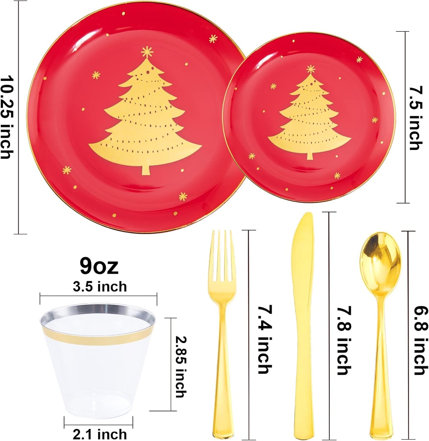 WDF 150pcs Christmas Plates - Christmas Red Plastic Plates with Christmas Tree, Gold Plastic Silverware, Clear Gold Cups, Christmas Design Perfect for Christmas Parties