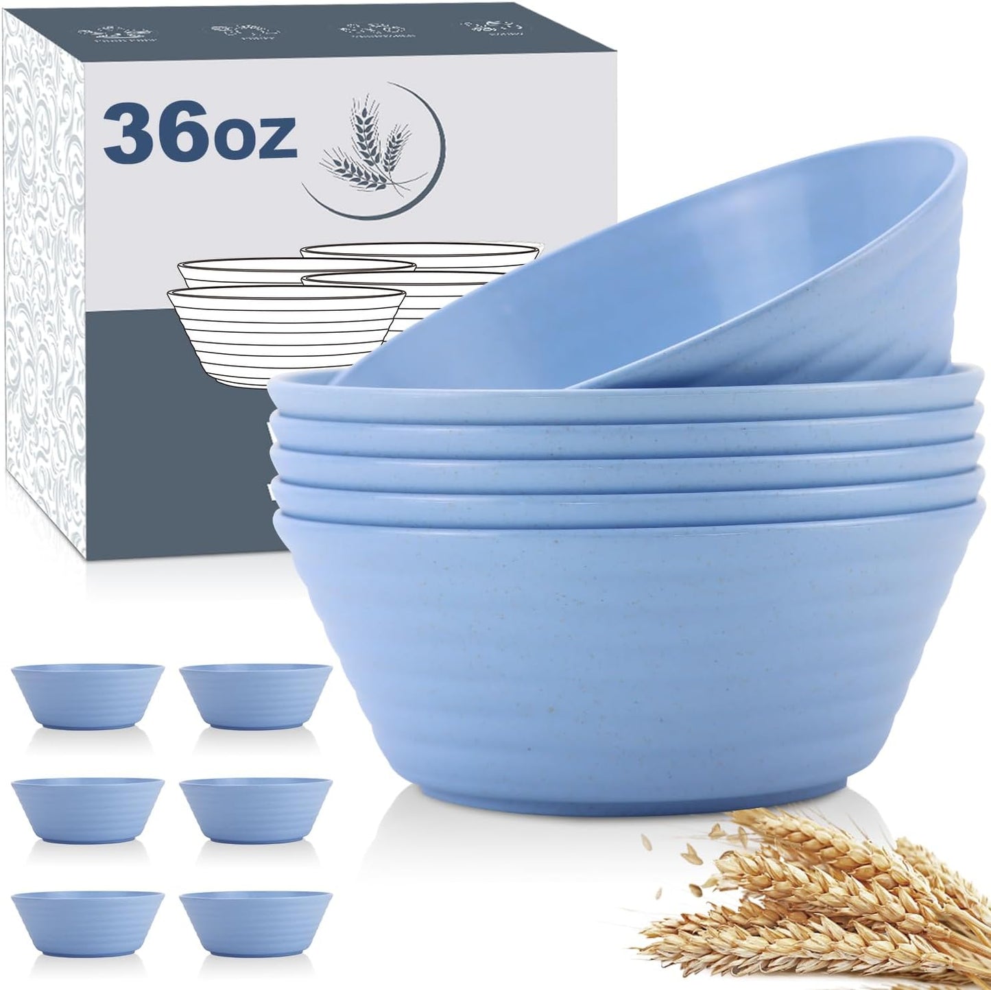 Wrova Wheat Straw Bowl Sets,6 PCS Unbreakable Cereal Bowl 36 OZ,Microwave and Dishwasher Safe Bowls,Kitchen Bowls for Serving Soup,Oatmeal and Salad （Sky Blue）