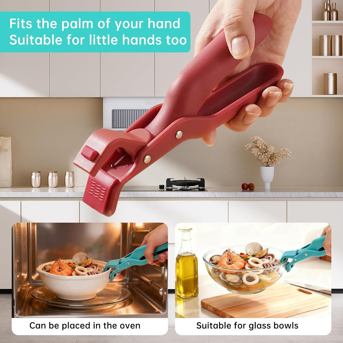 2Pc Hot Plate Gripper Tongs, Silicone Non-Slip Kitchen Utensil, Heat Insulation Anti-Scald Bowl Holder Clip for Cooking (Red + Green)