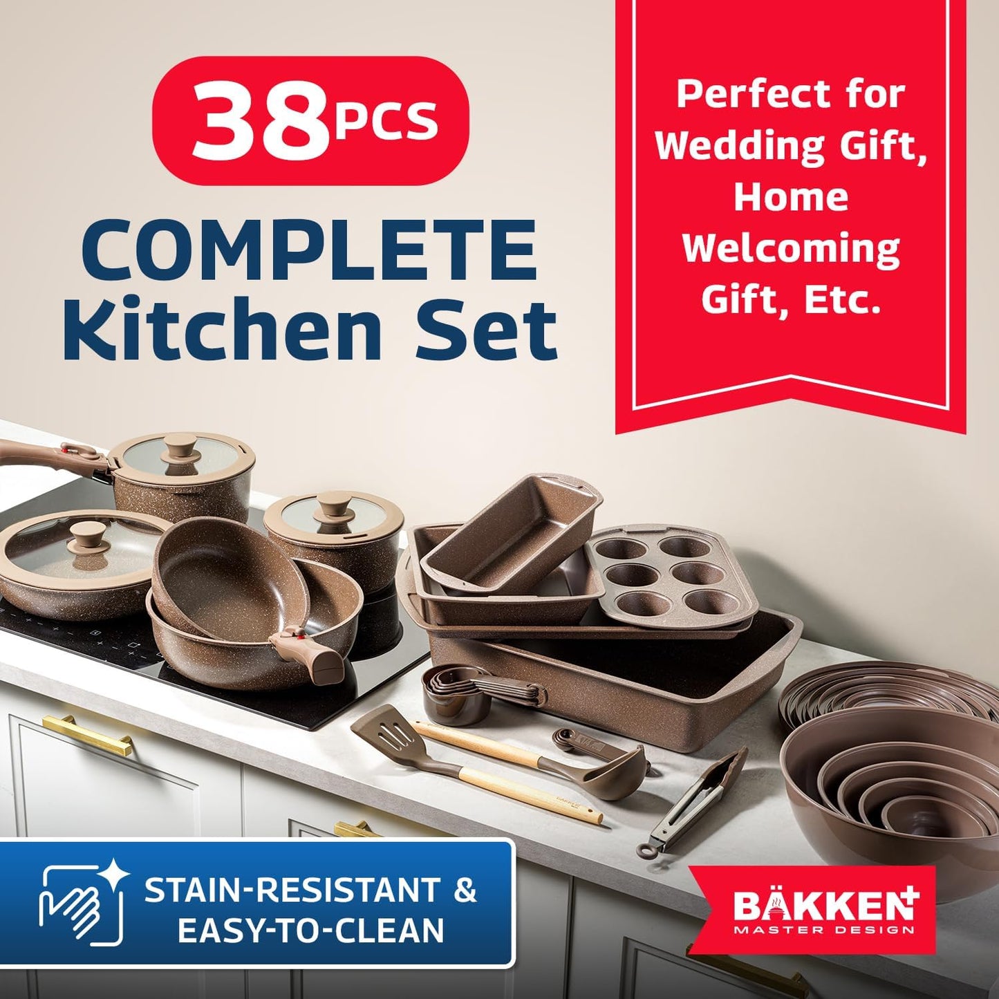Bakken Master 38 Piece Granite Cookware and Bakeware Set – Nonstick Granite Coating, Pots and Pans with Detachable Handles and Tempered Glass Lids, 6-piece Bakeware set, 12-piece Mixing Bowls,Brown