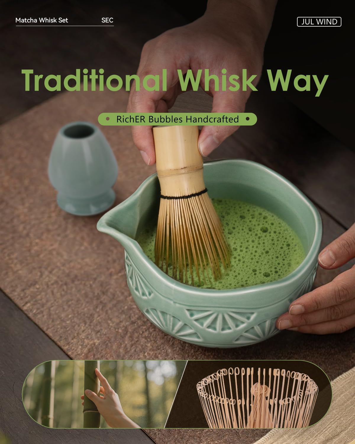 Matcha Whisk Set, Ceramic Matcha Set Includes Matcha Bowl with Spout, Matcha Whisk and Holder, Bamboo Scoop, Sifter and Tea Towel - 6 Pcs Matcha Kit Gift for Matcha Lovers (Green)
