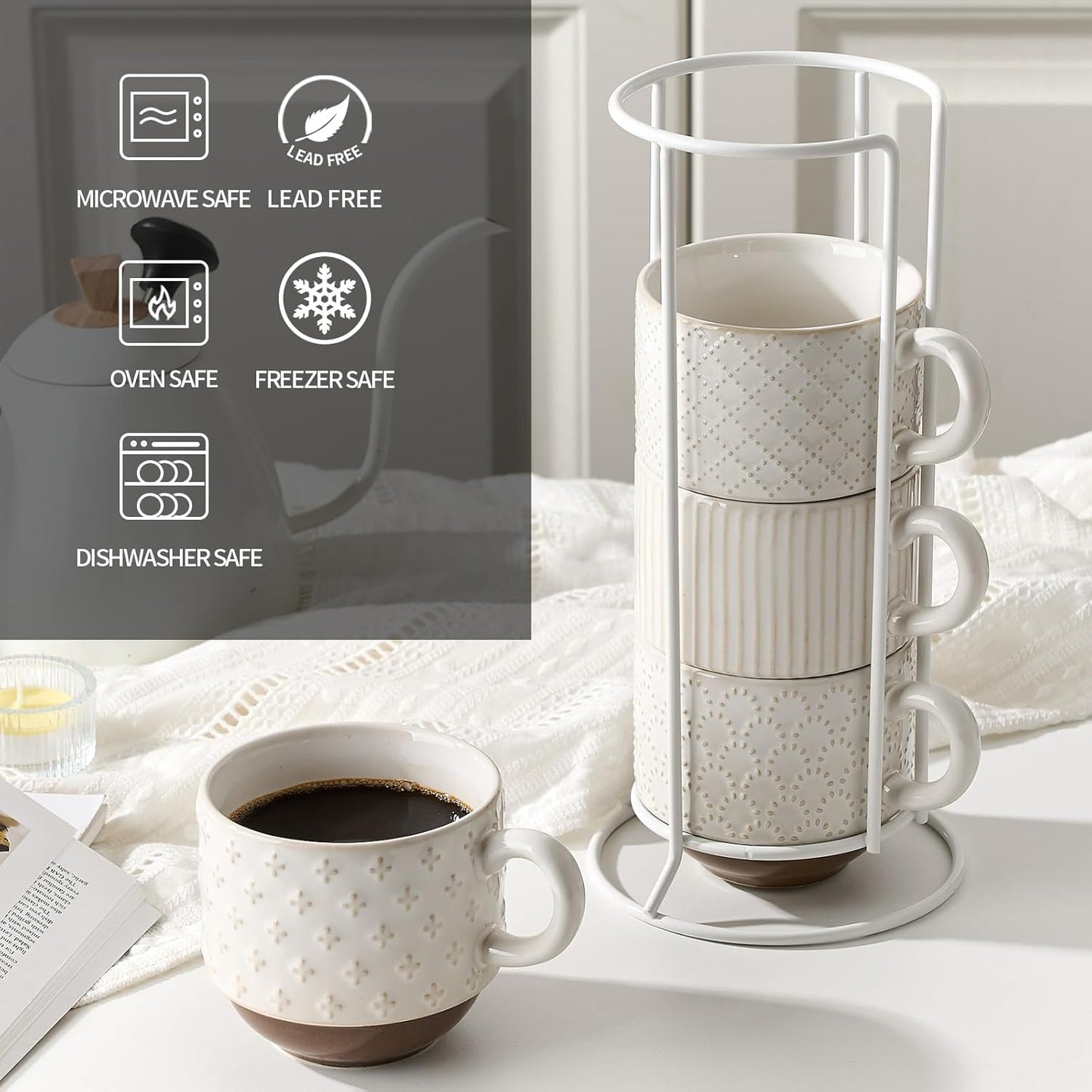 Large Ceramic Coffee Mug Set of 4 with Stand, 15 Oz Stackable Different Embossment Ribbed Latte Cup Set for Cappuccino, Tea, Hot Cocoa, Drinks - Dishwasher & Microwave Safe, Off White