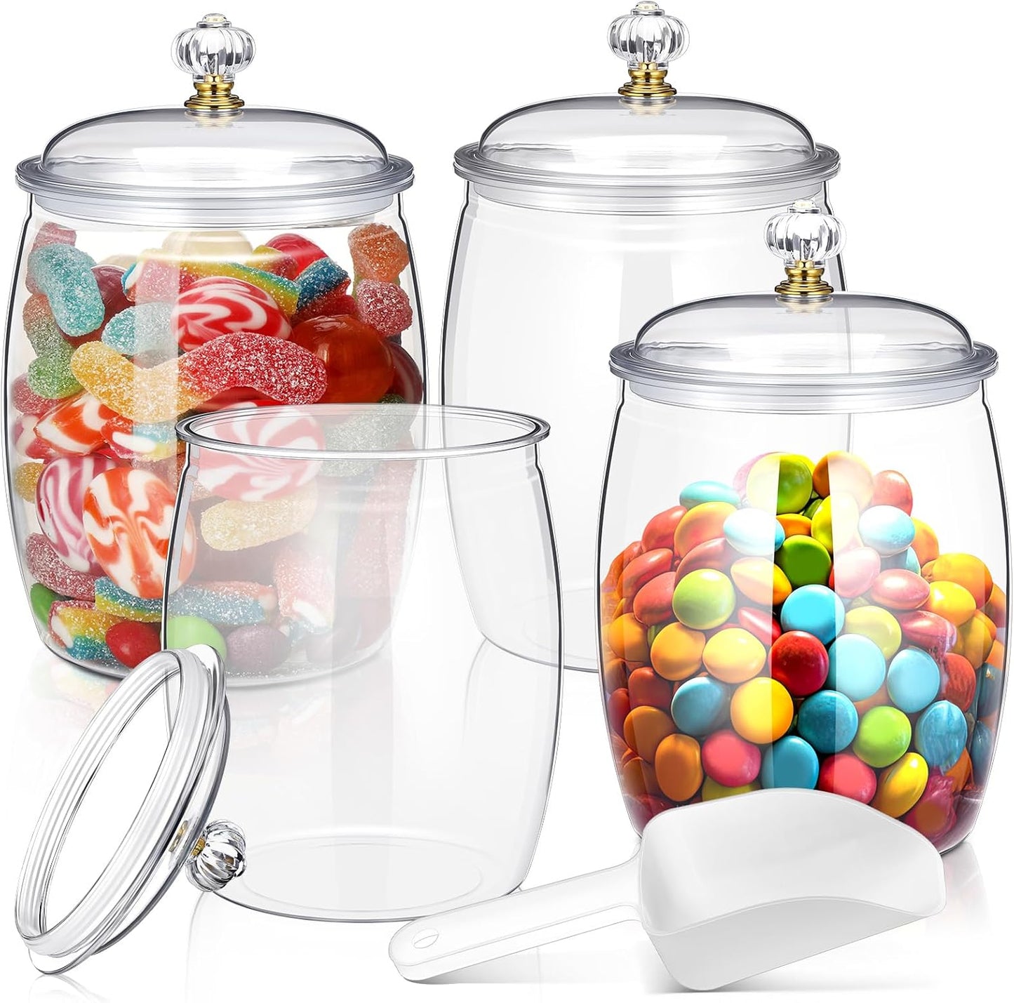 Nuogo 4 Pcs Plastic Candy and Cookie Jars with Lids Clear Cookie Container Candy Jars Large Airtight Apothecary Storage Organization for Wedding Home Kitchen Bar(128 oz)