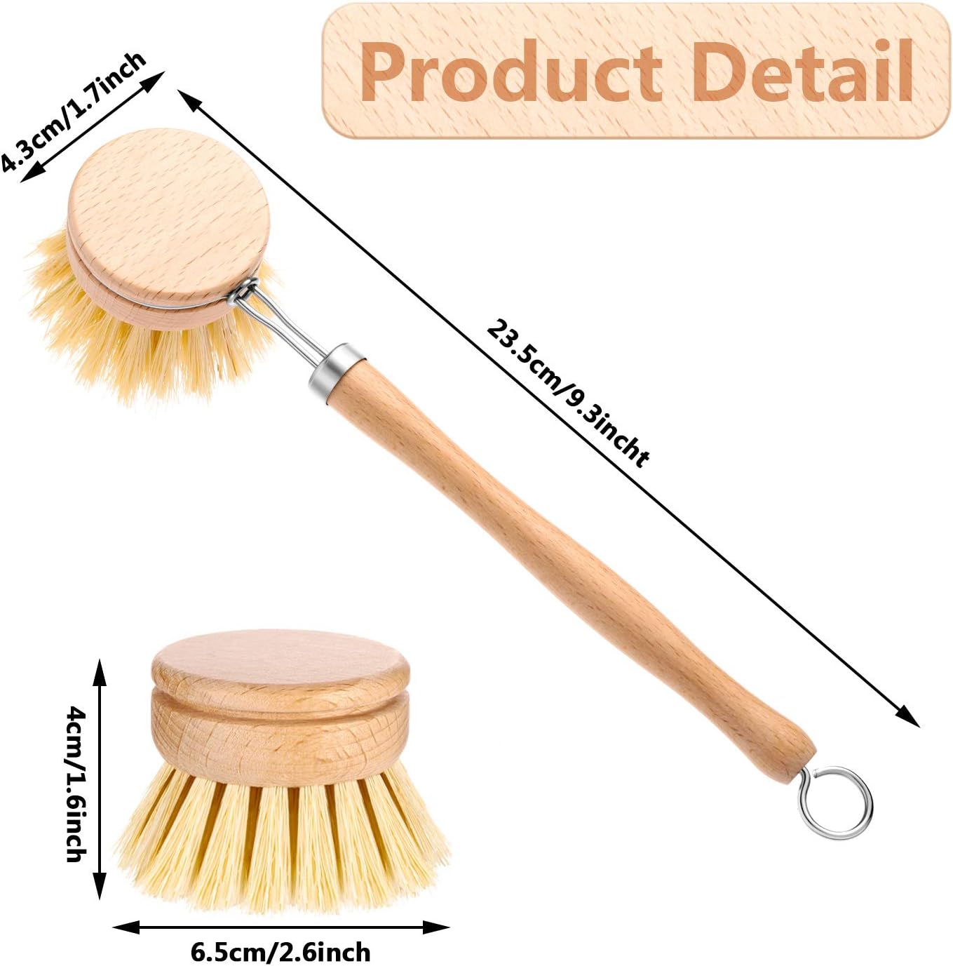 Boao Dish Brush with Beechwood Handle with 2 Replacement Heads Natural Wood Dish Scrub Brush for Washing and Cleaning Pots and Pans