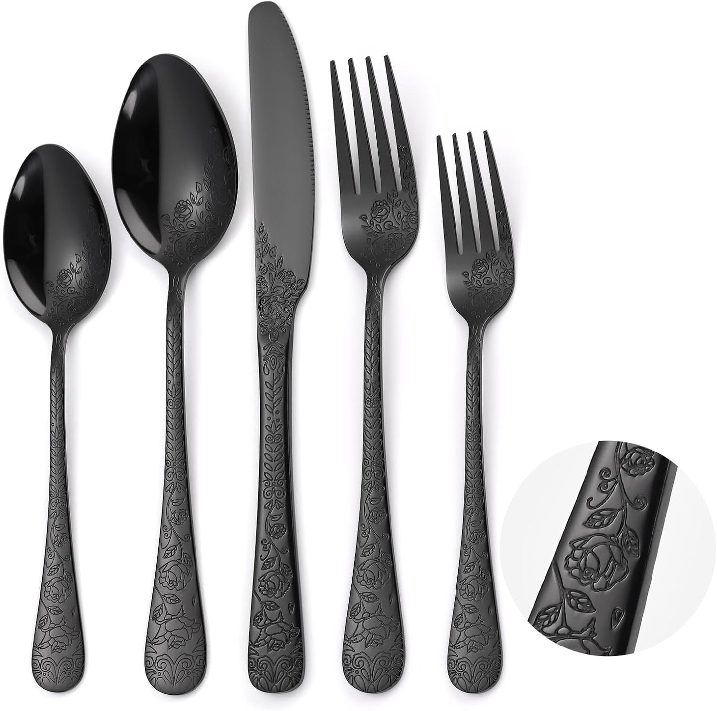 Floral Flatware Set Black for 6 Stainless Steel Silverware 30 Piece Cutlery Unique Eating Utensils Tableware Stylish Fork Spoon Knife With Embossing Rose Flower Handle Festival Parties