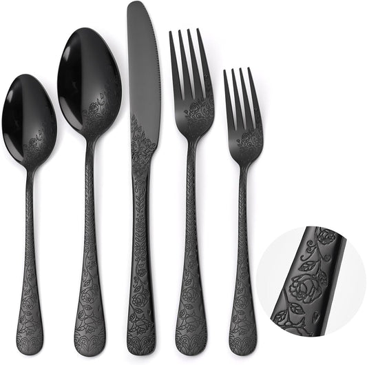 Floral Flatware Set Black for 6 Stainless Steel Silverware 30 Piece Cutlery Unique Eating Utensils Tableware Stylish Fork Spoon Knife With Embossing Rose Flower Handle Festival Parties
