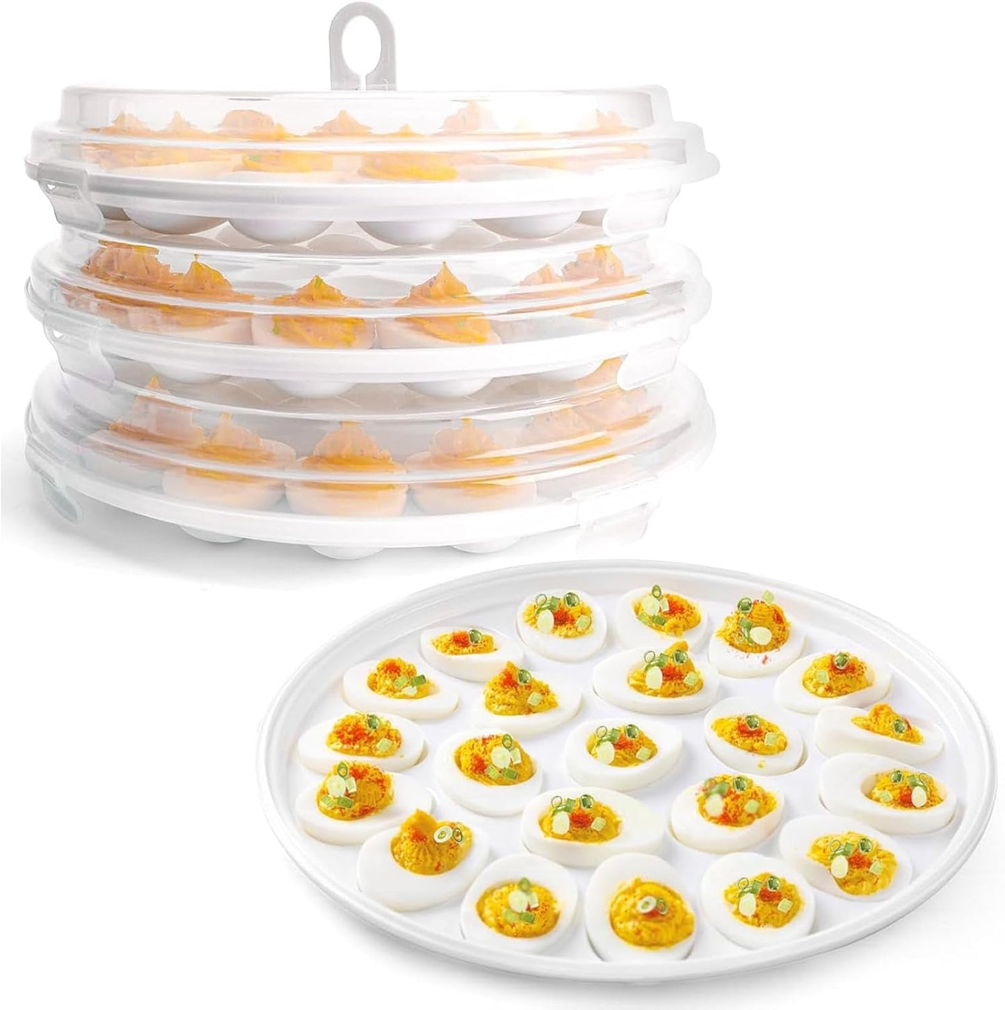 HANSGO Deviled Egg Containers with Lid, 3PCS Deviled Egg Platter Carrier Holder Trays with 66 Slots for Festival Party and Home Kitchen, White