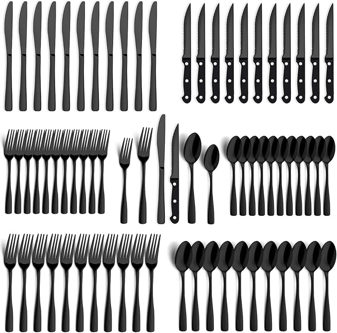 BEWOS 72-Pieces Black Silverware Set for 12 - Stainless Steel Flatware Set with Mirror Polish, Black Silverware Set Including Steak Knives, Forks and Spoons, Dishwasher Safe for Restaurant
