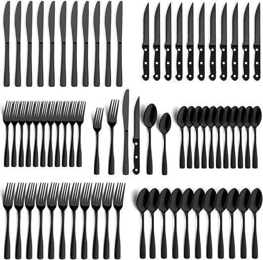 BEWOS 72-Pieces Black Silverware Set for 12 - Stainless Steel Flatware Set with Mirror Polish, Black Silverware Set Including Steak Knives, Forks and Spoons, Dishwasher Safe for Restaurant