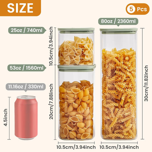 Square Glass Food Storage Jars with Lids[Set of 5], Perfect for Pasta, Cookies, Nuts, Coffee, Cereal, Flour,Organize Your Kitchen with these BPA-Free Glass Jars with Silicone Lids